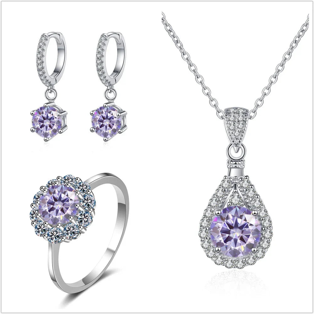 Moissanit Schmuckset 925 Sterling Silber Ring Ohrringe Anhänger Halskette Braut