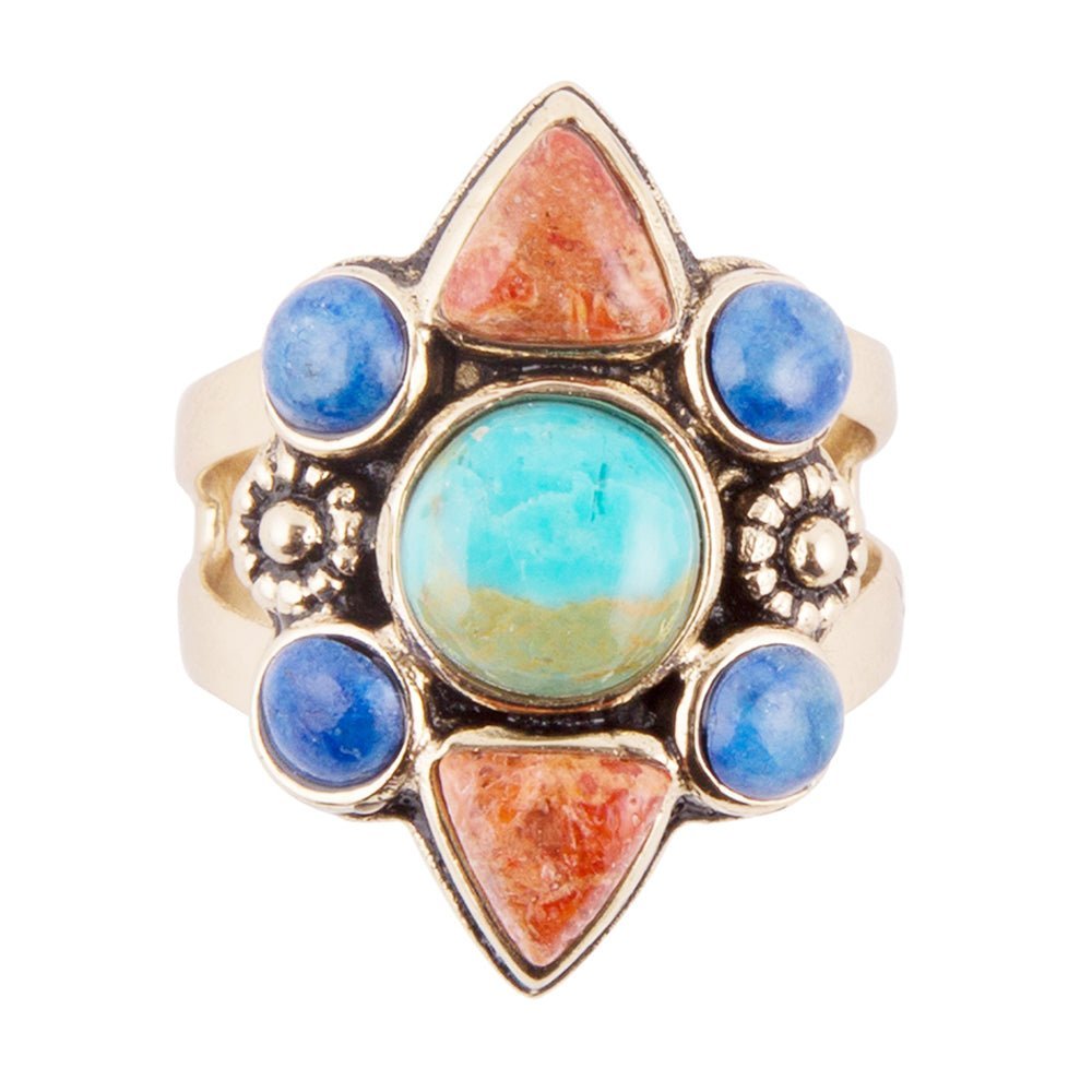 Blue Turquoise and Colorful Multi-Stone Golden Statement Ring - ThisandThatShoppe
