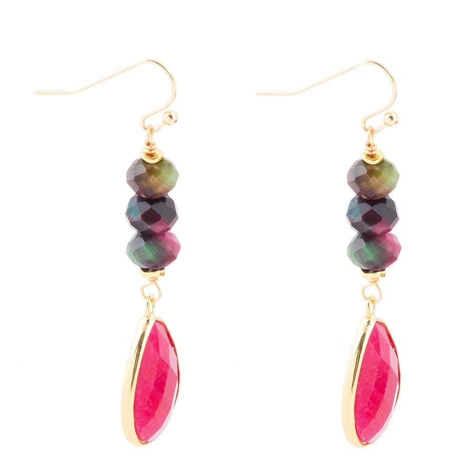 Jeweled Multicolor Tiger's Eye and Pink Agate Golden Drop Earrings - ThisandThatShoppe