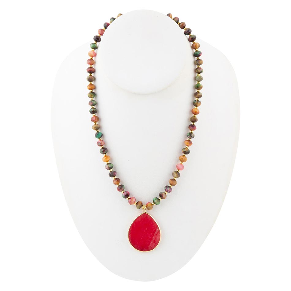 Jeweled Multicolor Tiger's Eye and Pink Jade Pendant Golden Necklace - ThisandThatShoppe