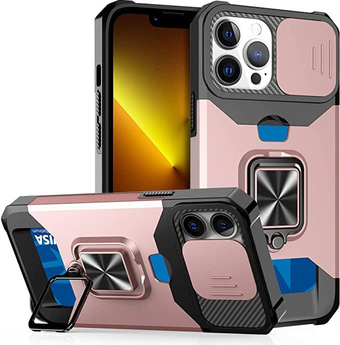Multifunctional Card Holder Heavy Duty Protective iPhone Case For iPhone 14 13 12 11 Pro Max Slide Camera Kickstand Card Holder Slot Wallet Protective With Ring Stand Cover Magnetic Strong Phone Case