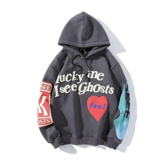 New Cool Printed Hoodies For Men Trendy Stylish Casual Wear For Winter Party Wear Men Hooded Sweatshirts Lucky Me I See Ghosts Hoodie Hip Hop Street Rapper Unisex Couple Sweatshirt With Novelty Printing for Men Women
