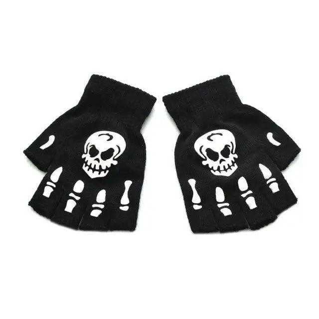 New TrendyHalf Finger Gloves Glow Dark Fingerless Stretch Knitted Winter Mittens Men/Women's Skeleton Pattern Knit Gloves Fingerless Gloves