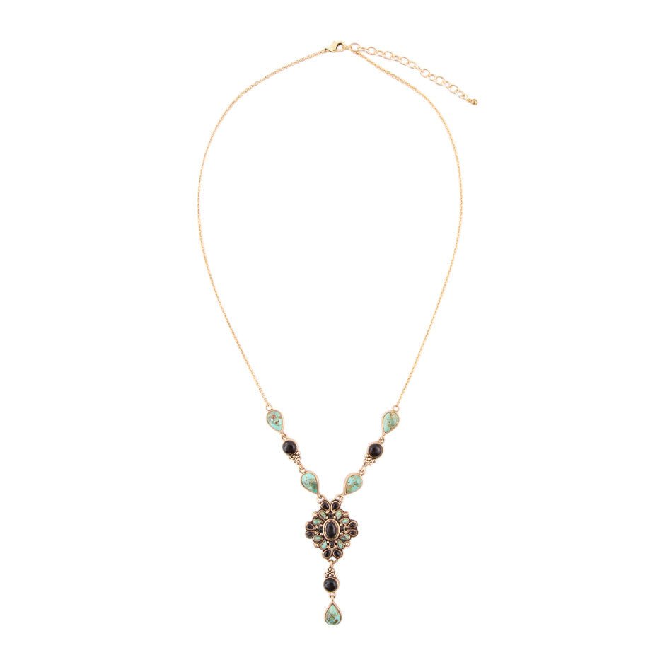 Barcelona Black Onyx and Blue Turquoise Golden Y-Necklace - ThisandThatShoppe