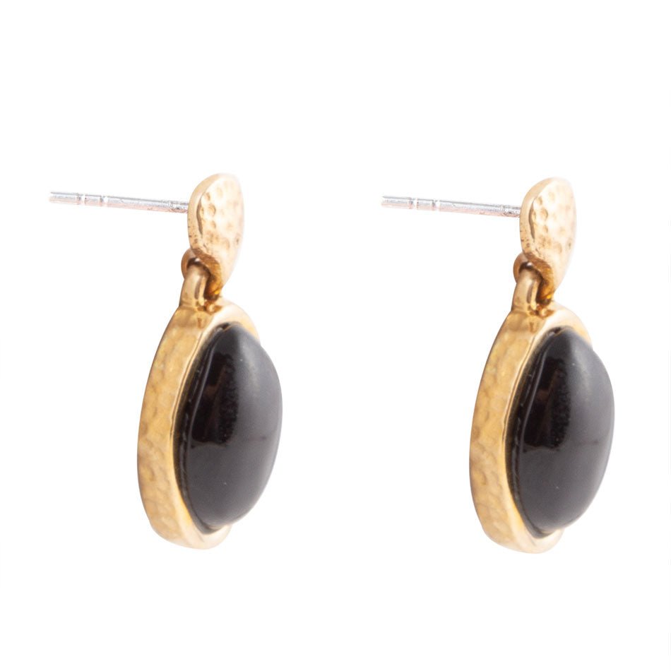 Black Onyx Hammered Post Drop Golden Earrings - ThisandThatShoppe