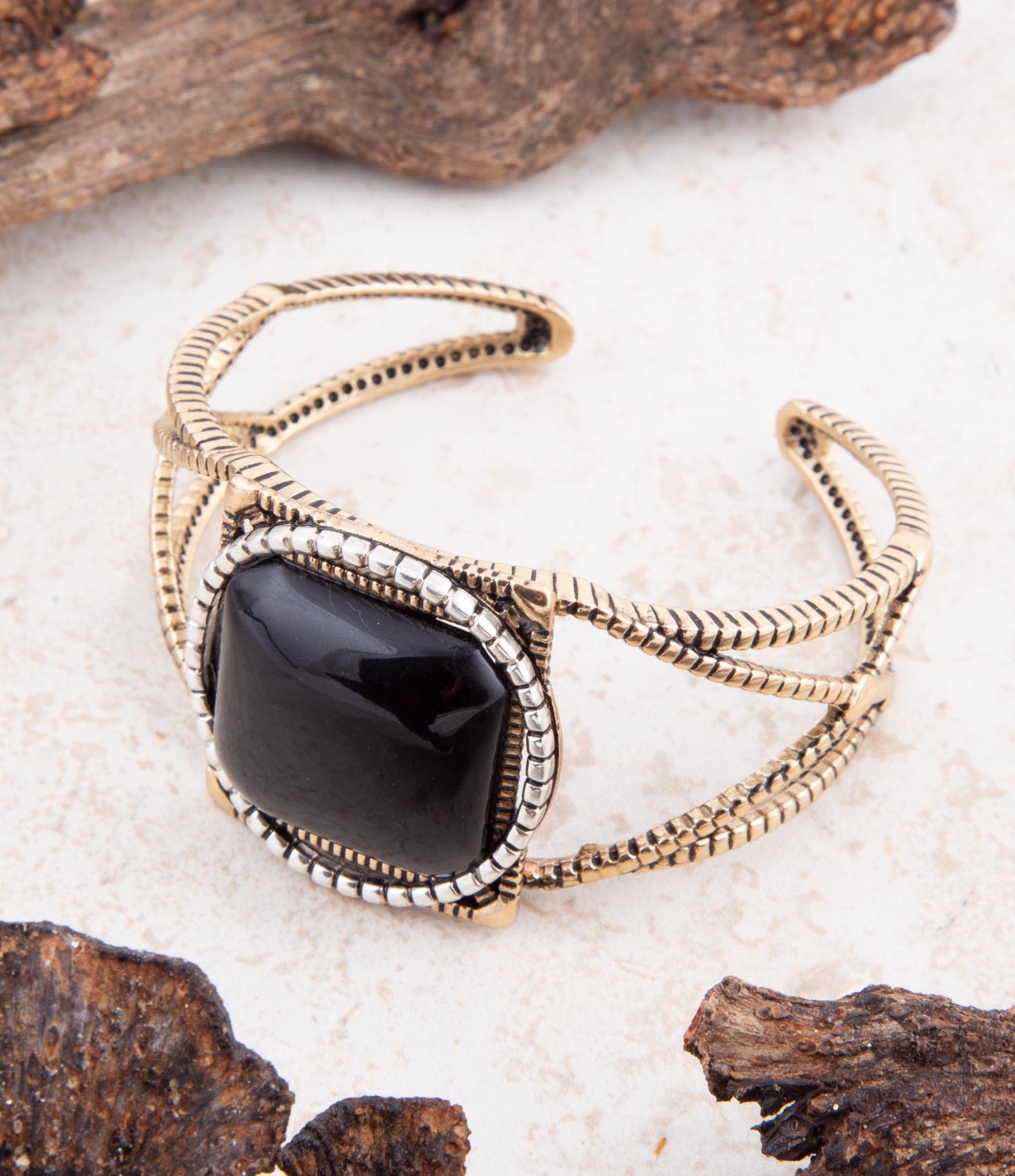 Onyx Mixed Metal Golden Cuff Bracelet - ThisandThatShoppe