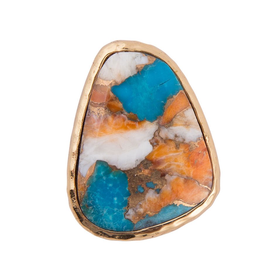 Orange Spiny Oyster and Blue Turquoise Matrix Abstract Golden Ring - ThisandThatShoppe