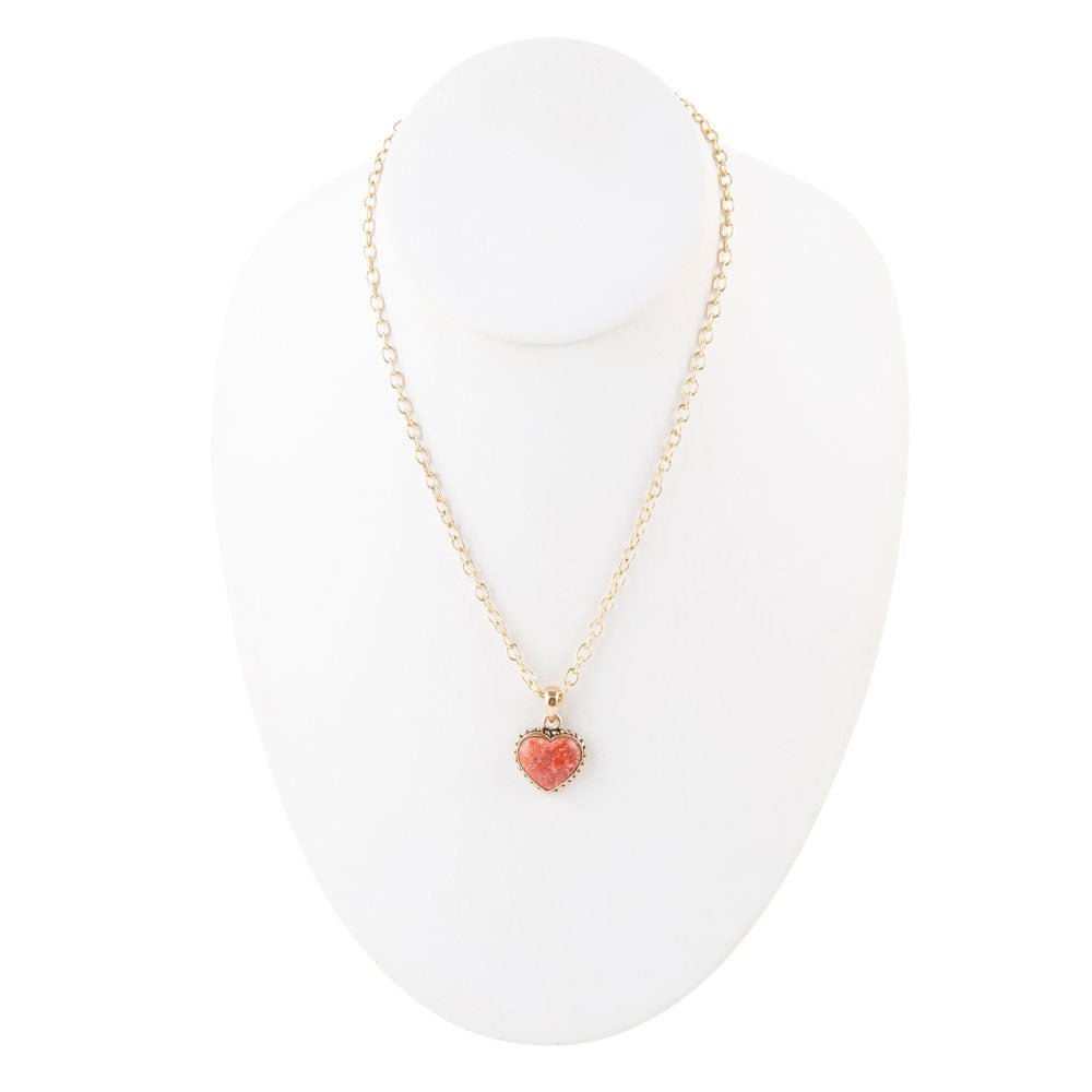 Orange Sponge Coral Heart Pendant and Golden Bronze Necklace - ThisandThatShoppe