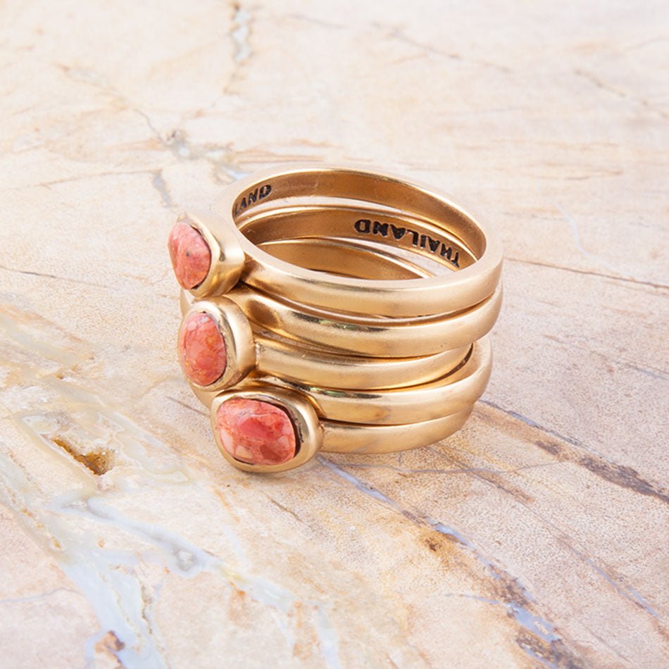 Orange Sponge Coral Golden Stacking Ring Set - ThisandThatShoppe