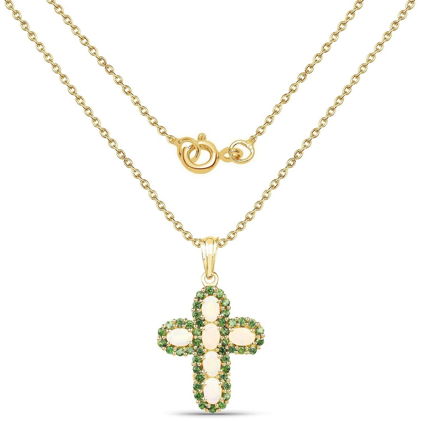 14K Yellow Gold Plate 3.11 Carat Genuine Ethiopian Opal & Chrome Diopside .925 Silver Pendant - ThisandThatShoppe