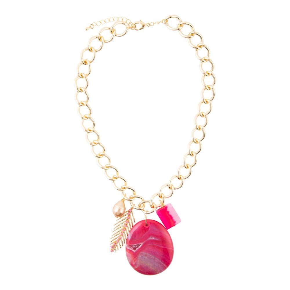 Peony Fuschsia Pink Agate Golden Charm Necklace - ThisandThatShoppe