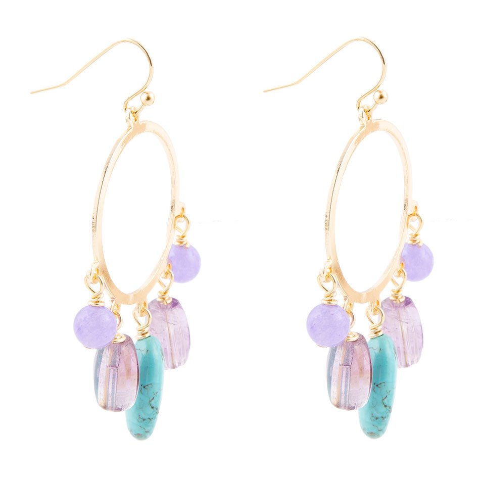 Purple Periwinkle Amethyst and Blue Magnesite Golden Chandelier Earrings - ThisandThatShoppe