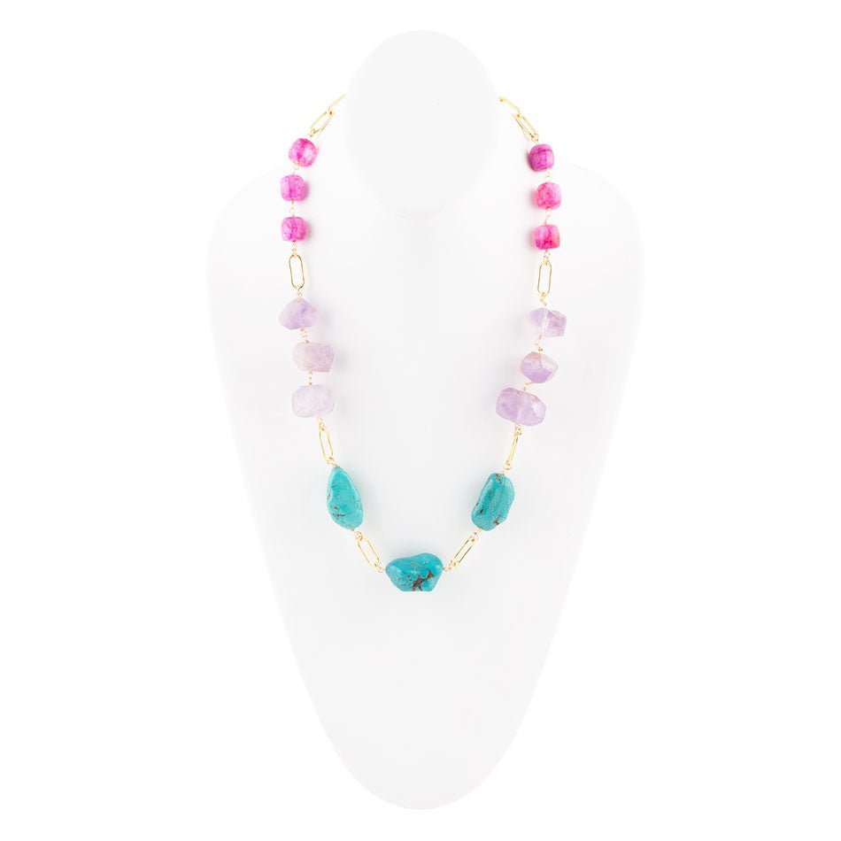 Purple Periwinkle Amethyst and Blue Turquoise Long Golden Necklace - ThisandThatShoppe
