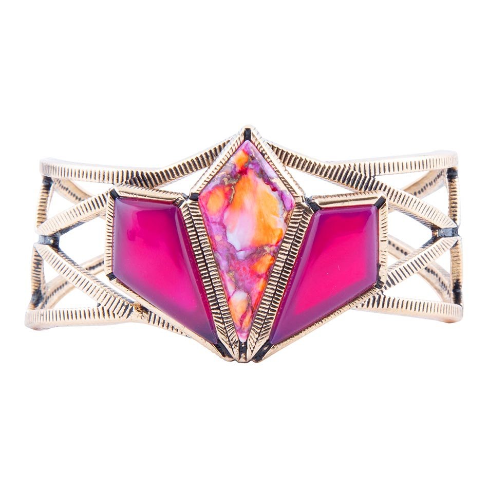 Pink Agate and Coral Matrix Golden Cuff Bracelet - ThisandThatShoppe