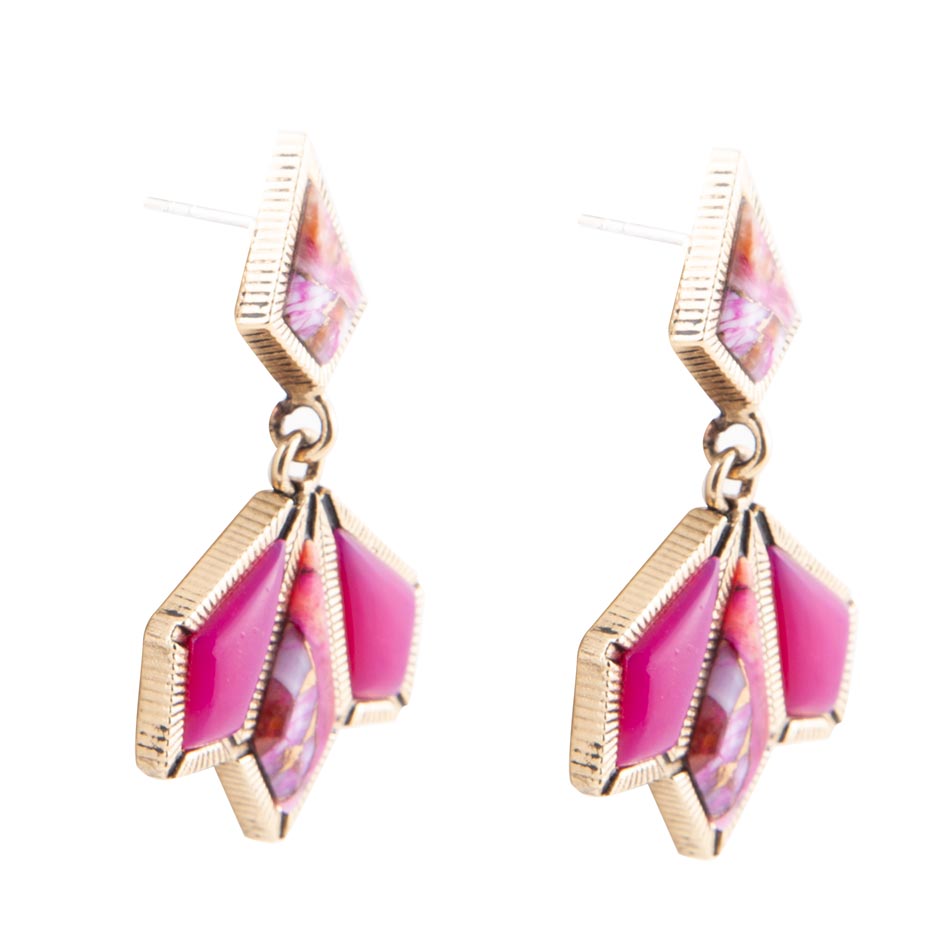 Pink Agate and Shell Matrix Golden Statement Earrings - ThisandThatShoppe