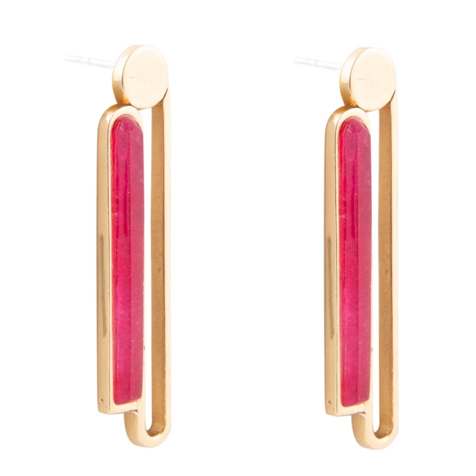 Pink Raspberry Quartz Elongated Golden Post Earrings - ThisandThatShoppe