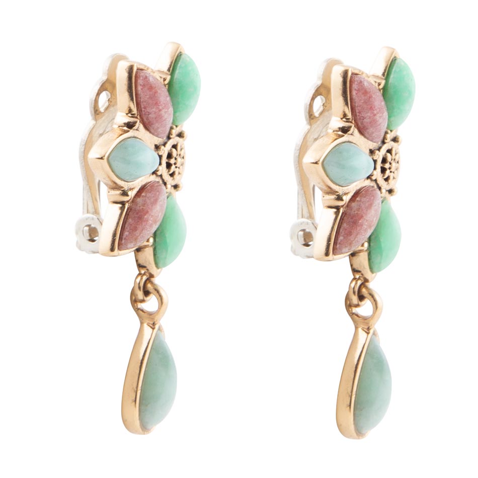 Pink Rhodonite Blue Amazonite and Varacite Petals Golden Clip Earrings - ThisandThatShoppe