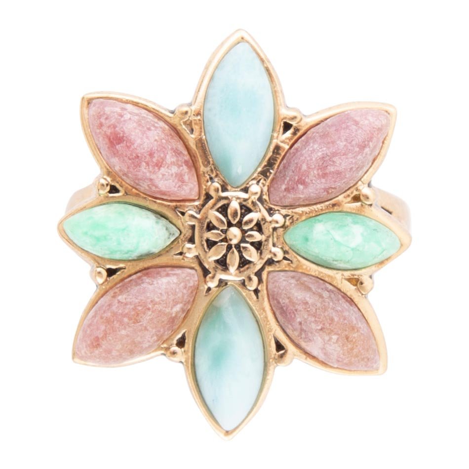 Pink Rhodonite Blue Amazonite and Green Varacite Petals Golden Statement Ring - ThisandThatShoppe