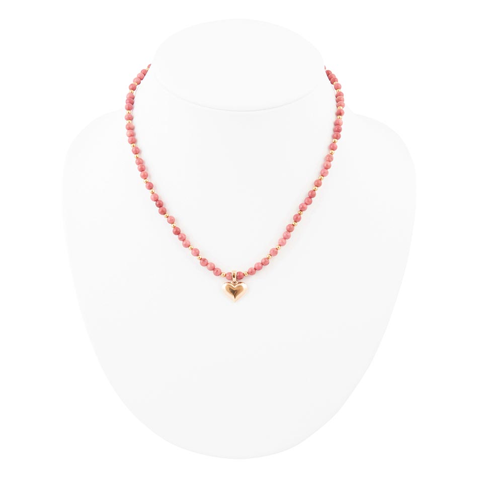 Pink Rhodonite and Golden Bronze Heart Pendant Necklace - ThisandThatShoppe