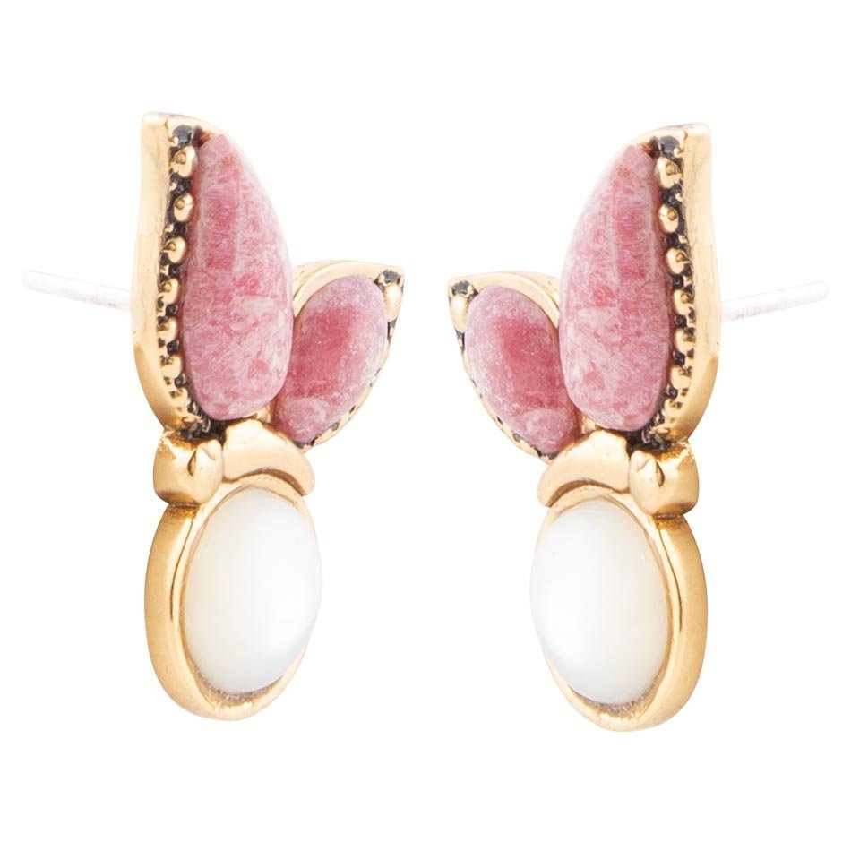 Pink Rhodonite and White Mother of Pearl Golden Butterflies Post Earrings - ThisandThatShoppe