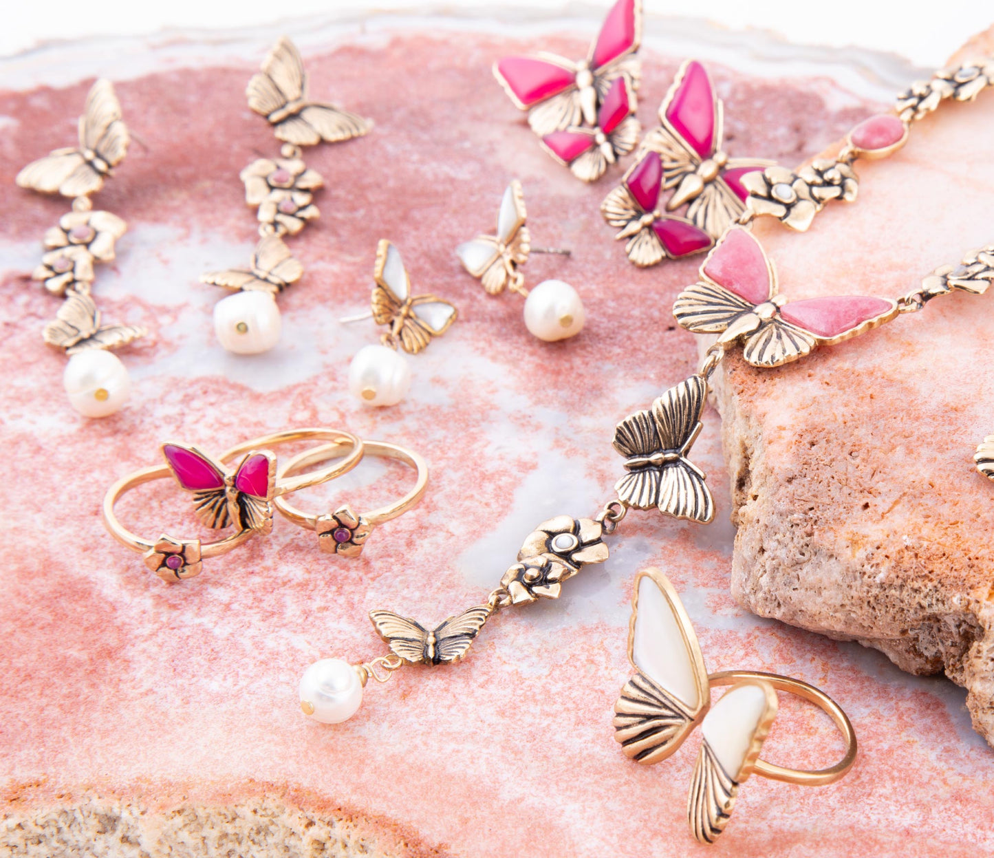 Pink Rhodonite and White Pearl Golden Butterflies Y Necklace - ThisandThatShoppe