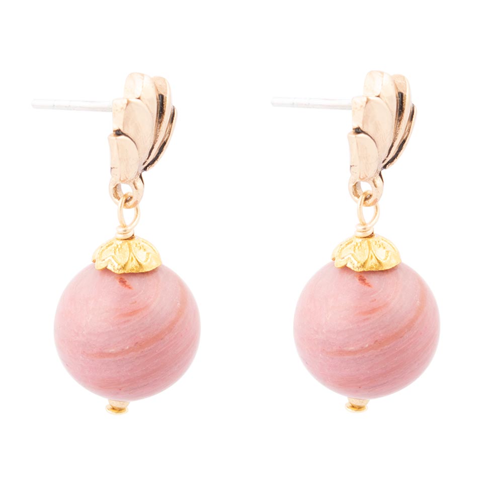 Boucles d'oreilles pendantes Lotus doré et Rhodonite rose