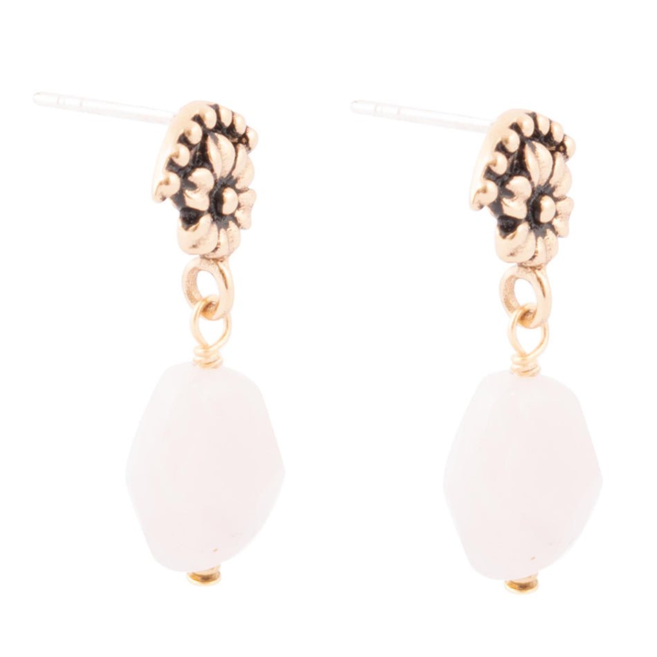 Pink Rose Quartz Golden Floral Drop Earrings - ThisandThatShoppe