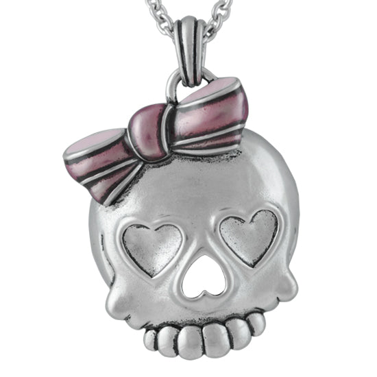 Rosa Totenkopf-Halskette, süßer Herzaugen-Anhänger, Silberkette