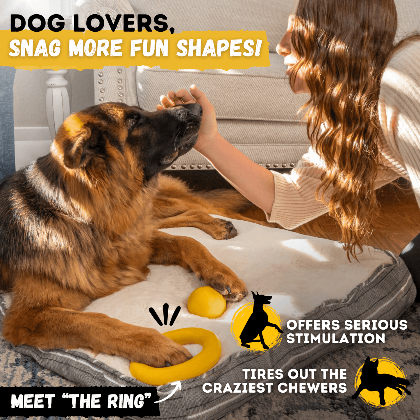 Yellow heavy-duty Power Ball dog toy made from unbreakable natural rubber for aggressive chewers