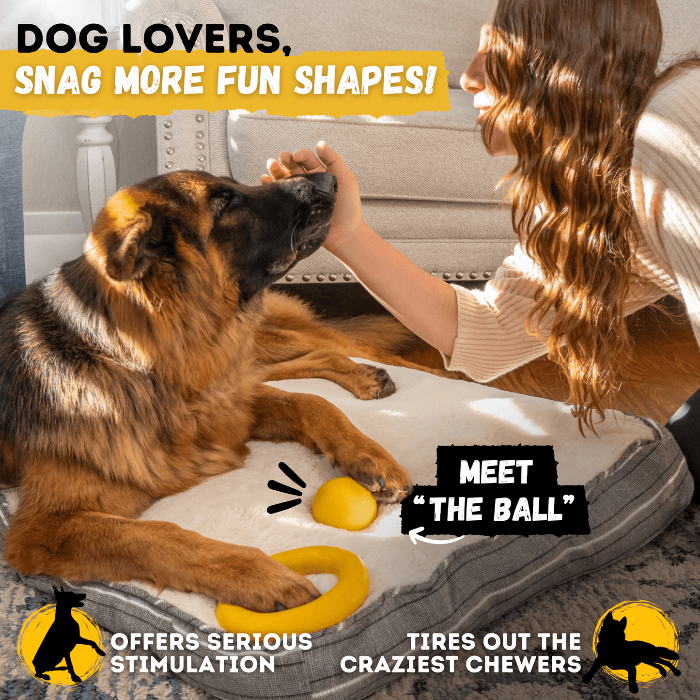 Bright yellow durable Power Ring dog toy made from industrial-strength rubber for aggressive chewers