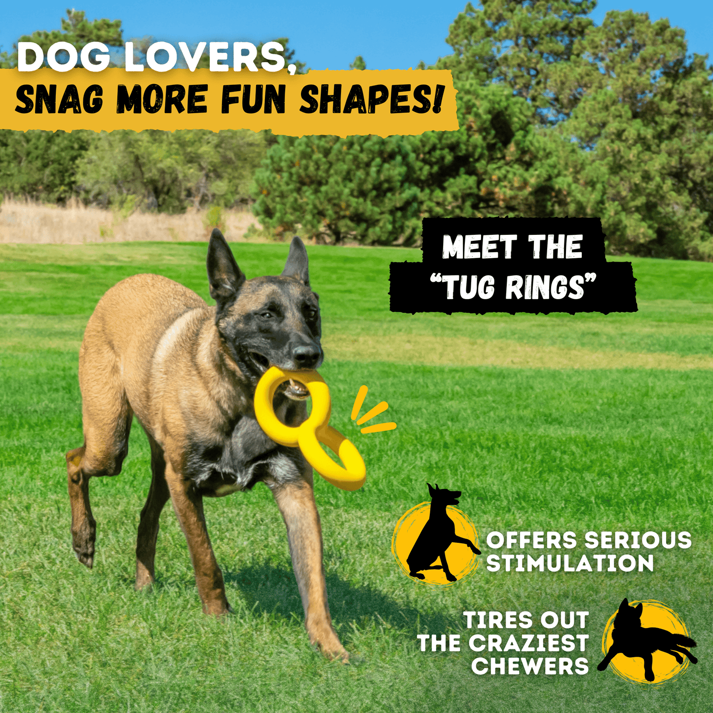 Yellow unbreakable Power Stick dog toy made of heavy-duty natural rubber for aggressive chewers