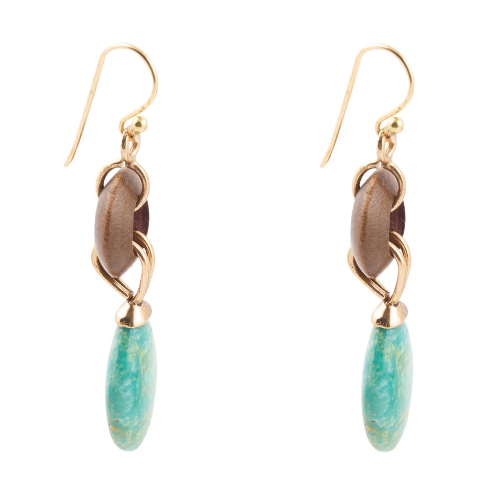 Precious Green Turquoise and Wood Golden Bronze Drop Earrings - ThisandThatShoppe