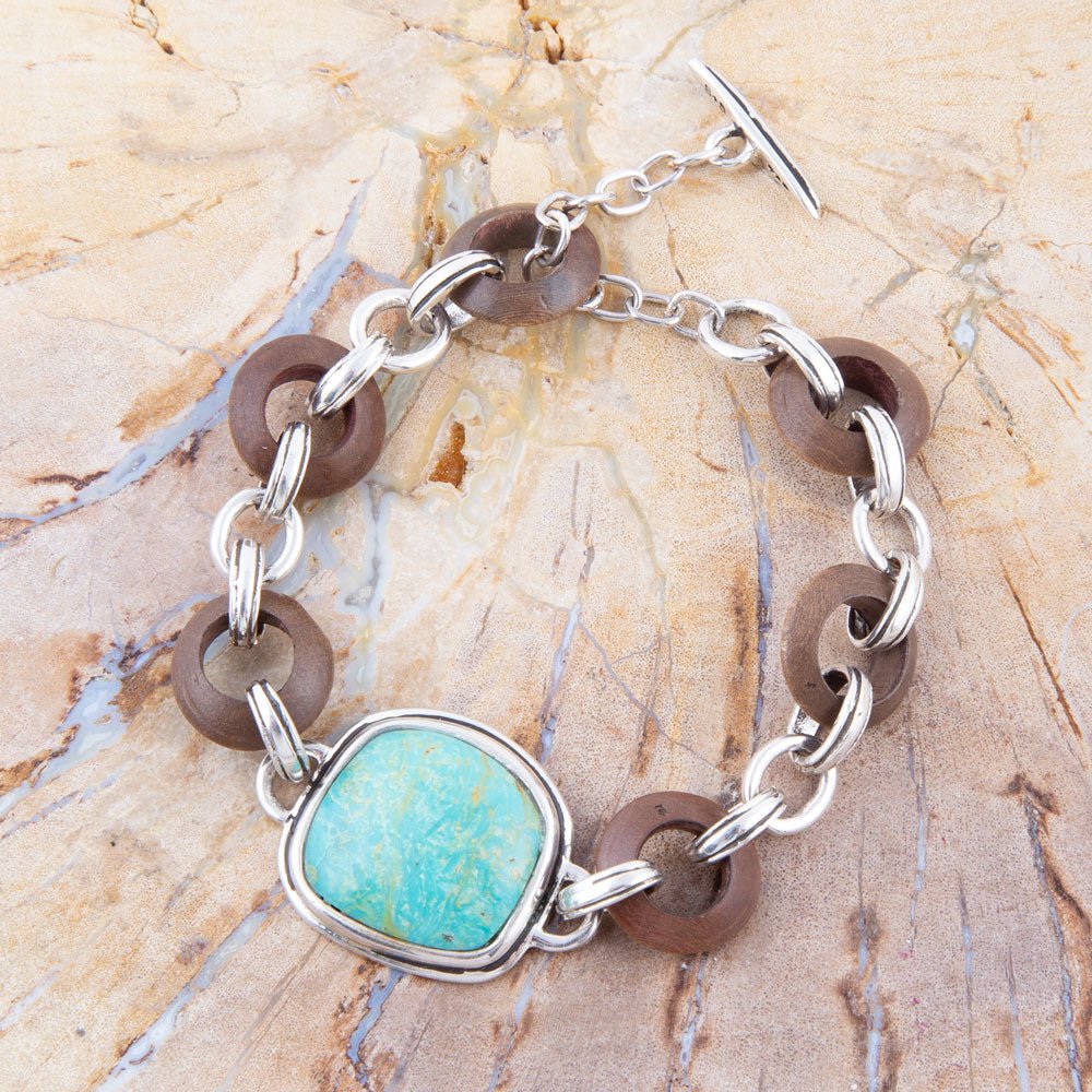 Bracelet à bascule en argent sterling avec turquoise précieuse et bois