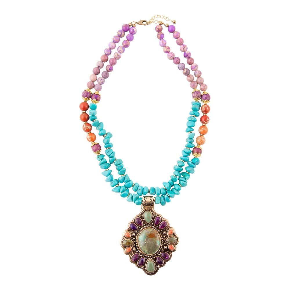 Prescott Blue Turquoise Purple and Orange Statement Pendant Golden Necklace - ThisandThatShoppe
