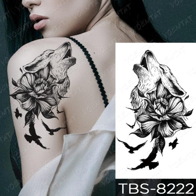 Black Sketchs Flowers Waterproof Temporary Tattoo Sticker Chest Flash Tattoo Wolf Diamond Flower Body Art Arm Fake Tattoo For Womens Men