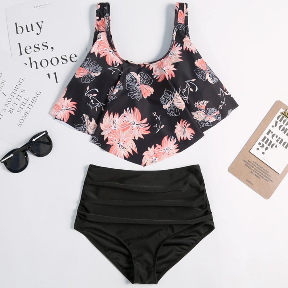 Women High Waist Bikini Plus Size Swimwear Summer Swimsuit Beach Bathing Suit Ruffle Bikini Floral Printed Ruffle High Waist Bikini Set Women's Tummy Control Bathing Suit Swimsuit Flounce Peplum