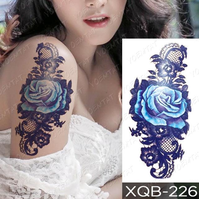 Womens Waterproof Temporary Tattoo Sticker Blue Flower Luxury Big Tatoo For Body Arm