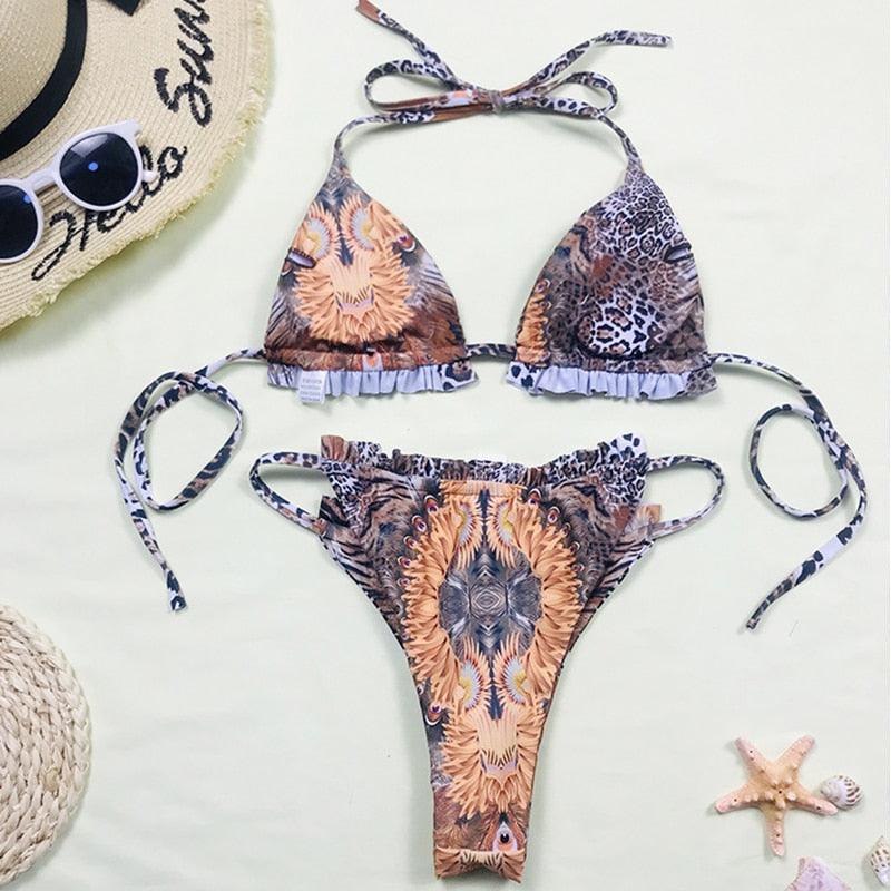 Print Swimsuit 3 Piece Mesh Bikini Set Women's Ribbed Floral Bikini Set Tie Side Swimsuit Cover Ups Daisy Butterfly Print Three Piece Bikini Swimwear Triangle Micro Bikini String Halter Swimwear Women Low Waist Bathing Suit