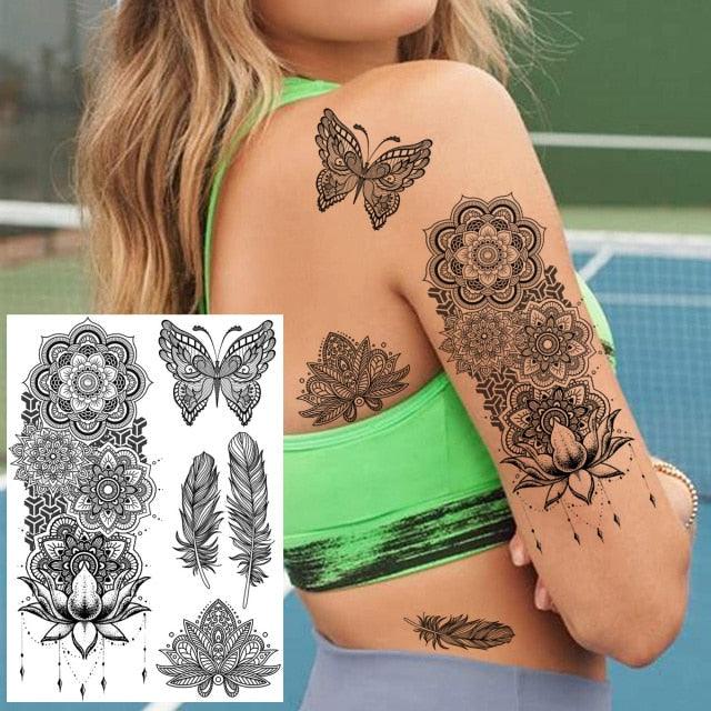 53 Sheets Black Lace Temporary Tattoos Sticker Butterfly Flower Fake Tatoo Sticker Sexy Black Henna Temporary Tattoos For Women