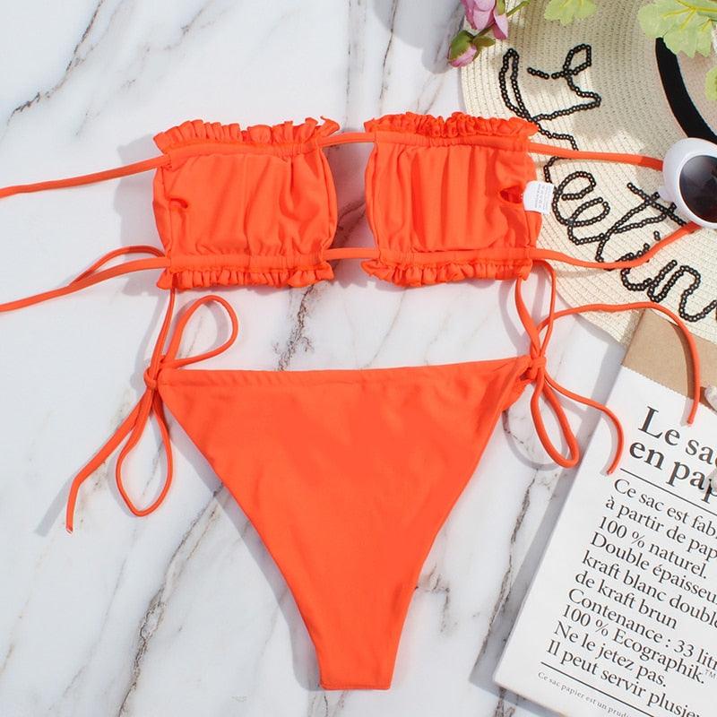 Bikini Women Swimsuit Female Low Waist Swimwear Women Beach Mini Thong Bikini Set Bathing Suit Women Thong Swimsuits Strapless 2 Piece Bikini String Tie Ruffle Brazilian Bathing Suit
