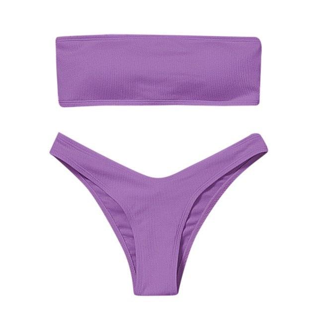 Solid Bikini Swimsuit Women Bikini Set Women Strapless Ribbed Bikini Set Lace Up High Cut Two Piece Swimsuit Bathing Suit Two Piece Tube Top Swimwear Female Bather Swimming Suit