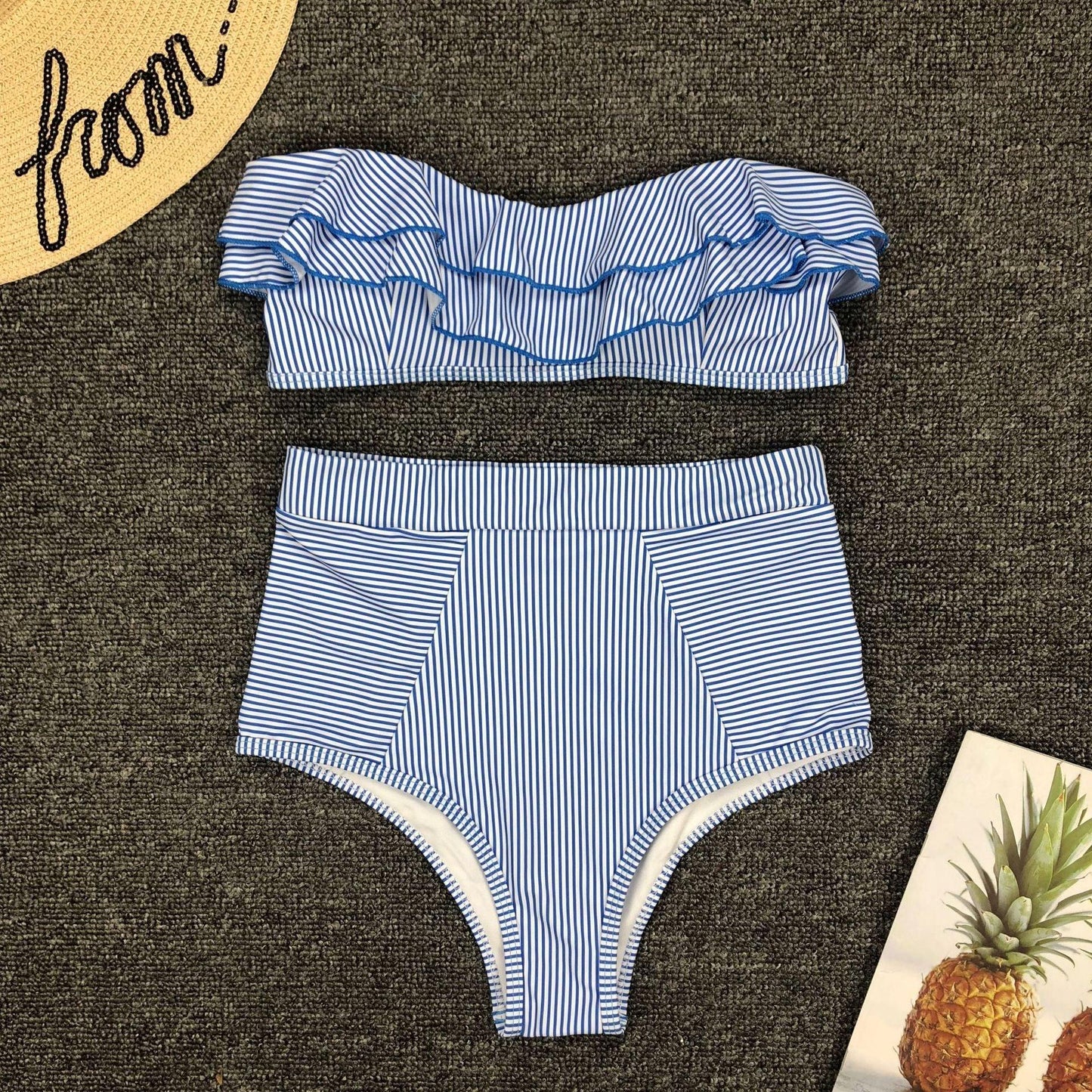 Retro Blue White Striped High Waist Bikini Lady Swimwear Women Swimsuit Female Ruffle Swim Bathing Suit Piece Vintage High Waist Bikini Set Ruffled Swimsuits For Women Bathing Suits