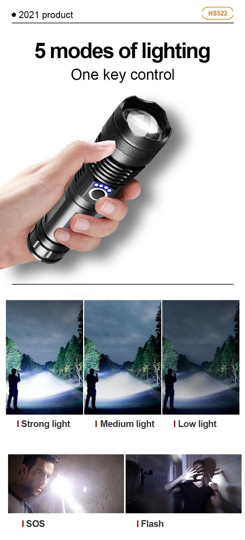 Rechargeable LED Flashlights High Lumens Waterproof Zoomable Super Bright Tactical Flashlight Powerful USB LED CREE Flashlight Hand Lamp For Hiking Camping Household Outdoor Sport