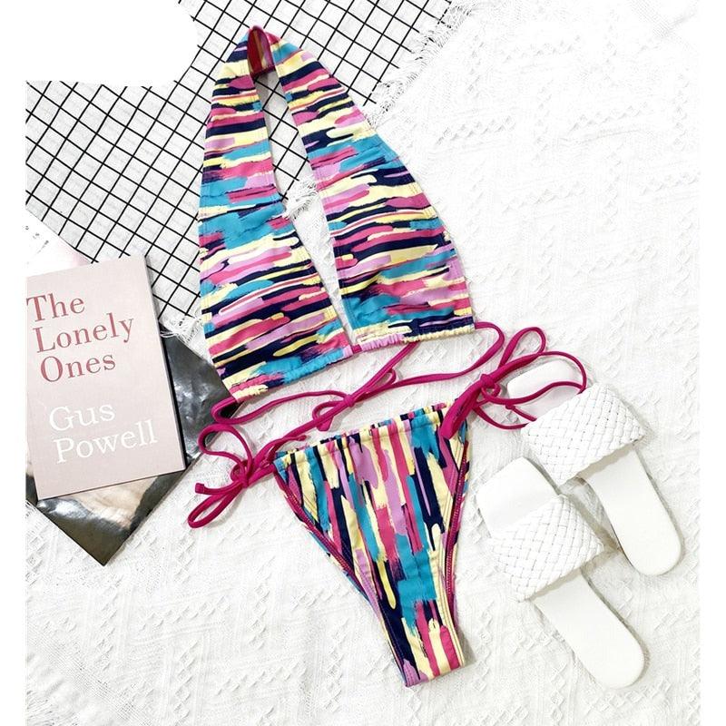 Halter Hollow Cross Bikinis Set Swimsuit Women's New Solid Two-Piece Swimwear Two Piece Swimsuit Halter Crisscross Cut Out Bikini Wrap Top with High Waist Bottom Beach Swimwear Summer Beachwear Woman Bath Bathing Suit