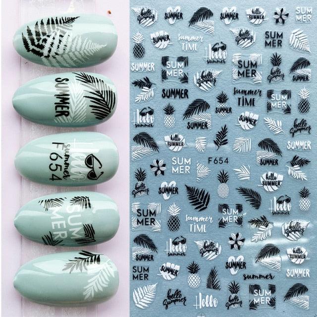 Summer Tropical Beach Coconut Tree Slippers 3D Nail Sticker Leaves Shell Transfer Decals Slider Decoration Manicures Tip Water Transfer Nail Decals Sticker For Pretty Girl Self-Adhesive Nail Decals Designer Nail Stickers for Acrylic