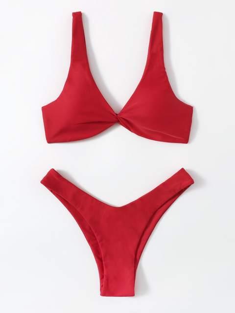 Solid Tie Bikini Padded Bra High Leg Bandage Push Up Bikini Set Brazilian Swimsuit Women Swimwear Rib Bikini Set High Cut Spaghetti Strap Two Piece Swimsuit Bathing Suit