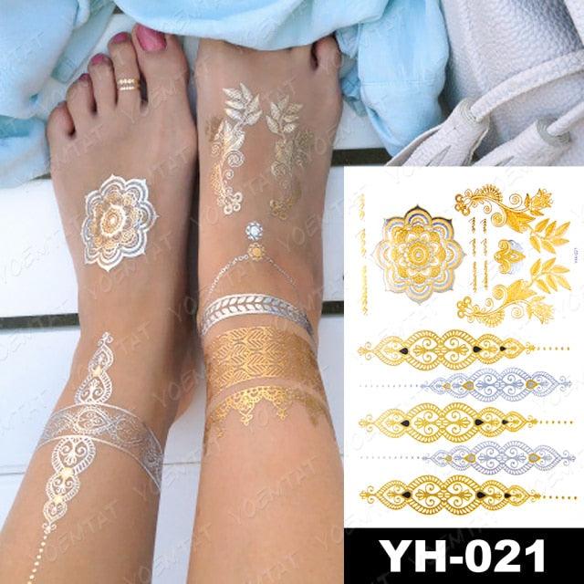 New Waterproof Temporary Tattoo Sticker Golden Silver Flower Jewelry Flash Fashion Different Design Tattoos For Womens