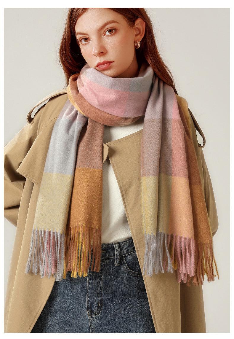 Luxury Fashion Autumn Winter Soft Warm Scarf Plaid Colorful Hijabs Cashmere Scarves Warm Soft Bandana Women's Lightweight Scarves Elegant Echarpe Escharpe Soft Wool Elegant Tassel For Women