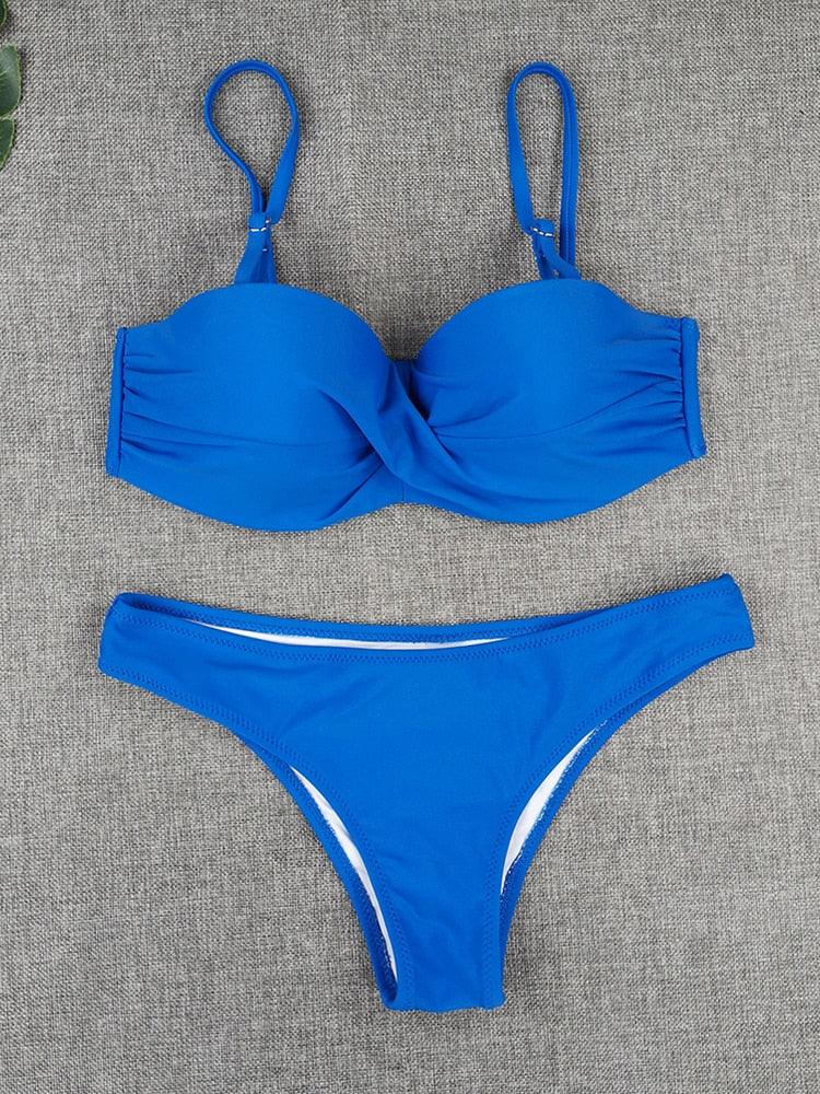 Bikini Sets Solid Color Swimsuit Mid-Waist Gather Cup Bikinis Women Swimwear Female Bathing Suits Beach wear Two Piece Swimsuits Triangle Bikini swimsuits for Women