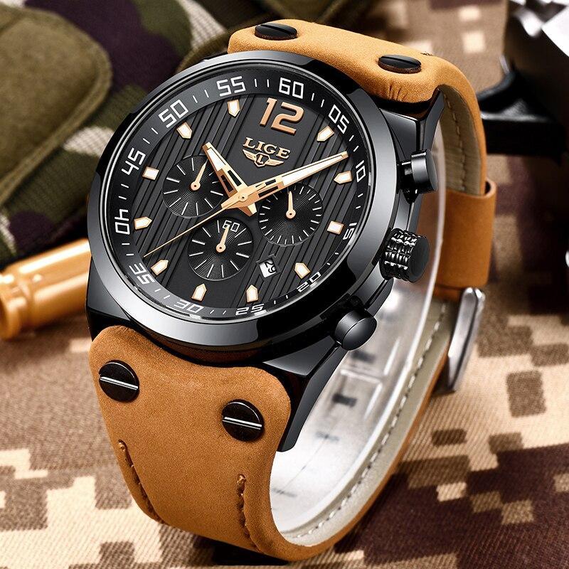Men's Waterproof Watch With Leather Belts, Chronometers And Day Display Fluorescent Pointers Excellent Gift Unique Design